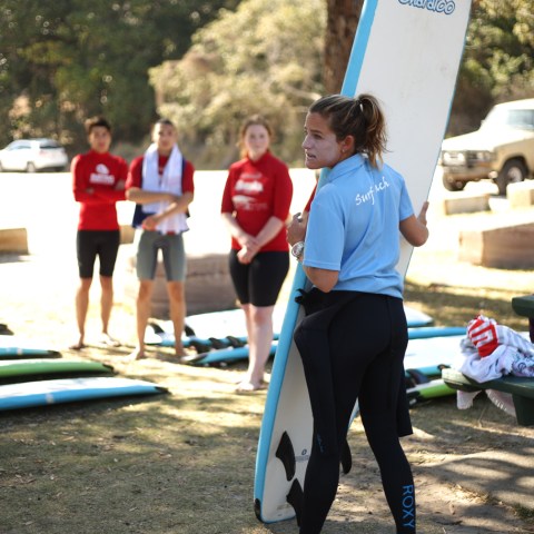 A group of surfers awaiting instruction